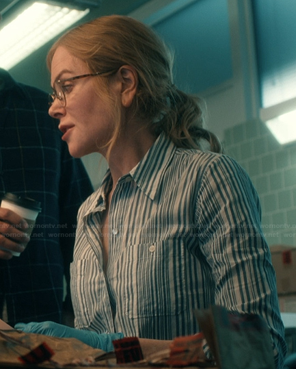 Kay’s blue striped shirt on Scarpetta