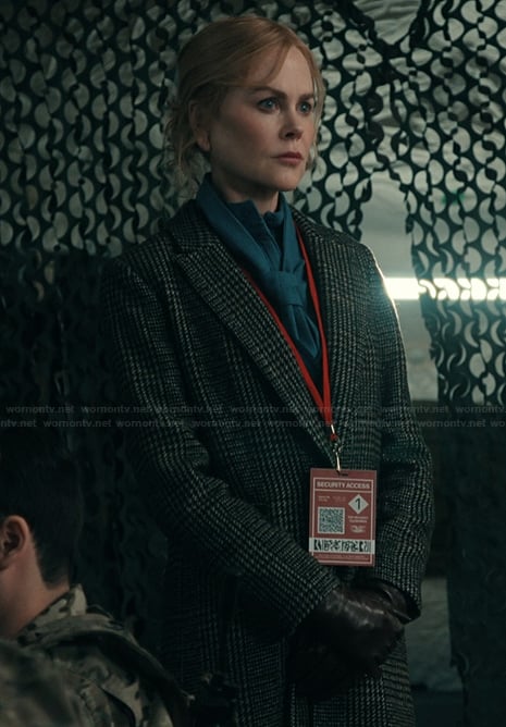 Kay’s gray plaid coat on Scarpetta