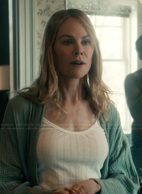 Kay’s white cami top on Scarpetta