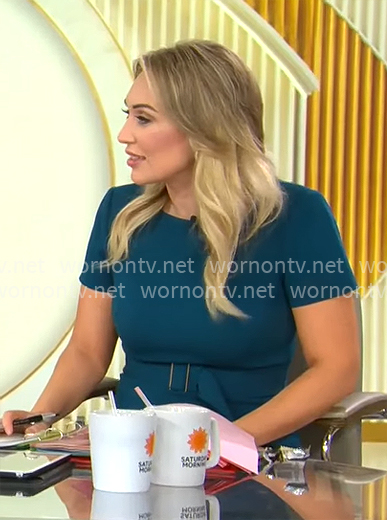 Kelly O’Grady’s teal short sleeve dress on CBS Mornings