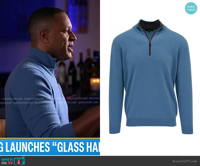 Kinross Suede Trim Quarter Zip Pullover in Glacier Blue worn by Craig Melvin on Today