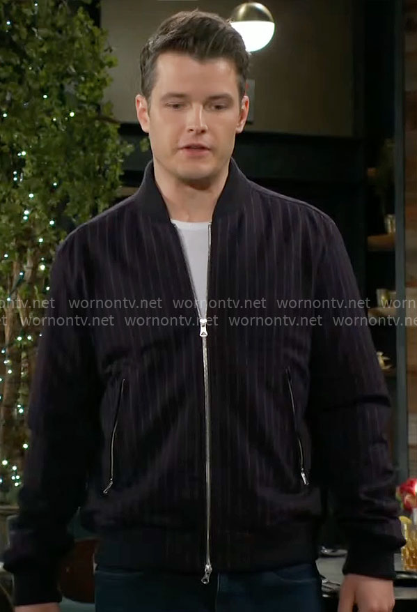 Kyle’s navy pinstripe bomber jacket on The Young and the Restless