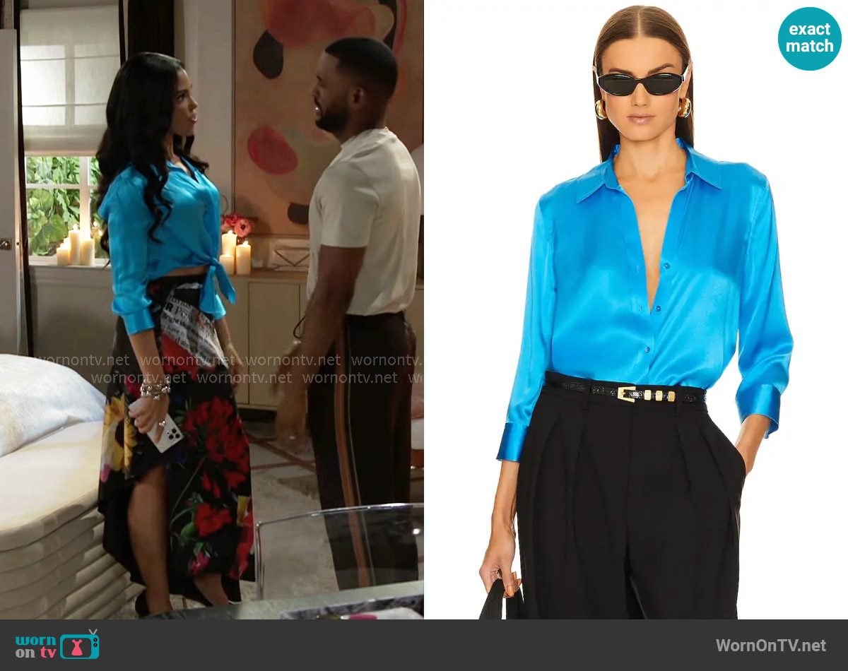 L'Agence Dani 3/4 Sleeve Blouse in Neon Blue worn by Dani Dupree (Karla Mosley) on Beyond the Gates