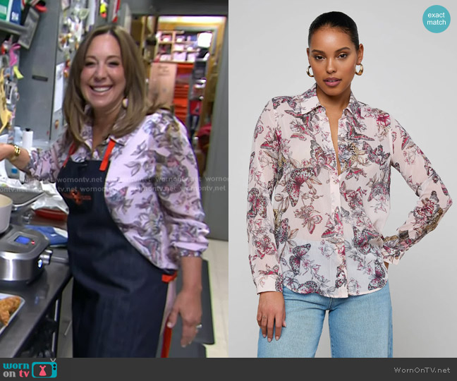 L'Agence Laurent Blouse in Light Nectar Pink Small Multi Butterfly Jungle worn by Elizabeth Heiskell on Today