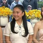 Lana Condor’s white polo top and denim skirt on Today