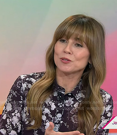 Linda Cardellini’s burgundy floral blouse and leather skirt on Today