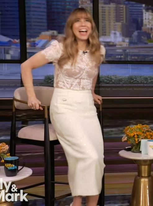 Linda Cardellini’s white lace corset top and skirt on Live with Kelly and Mark