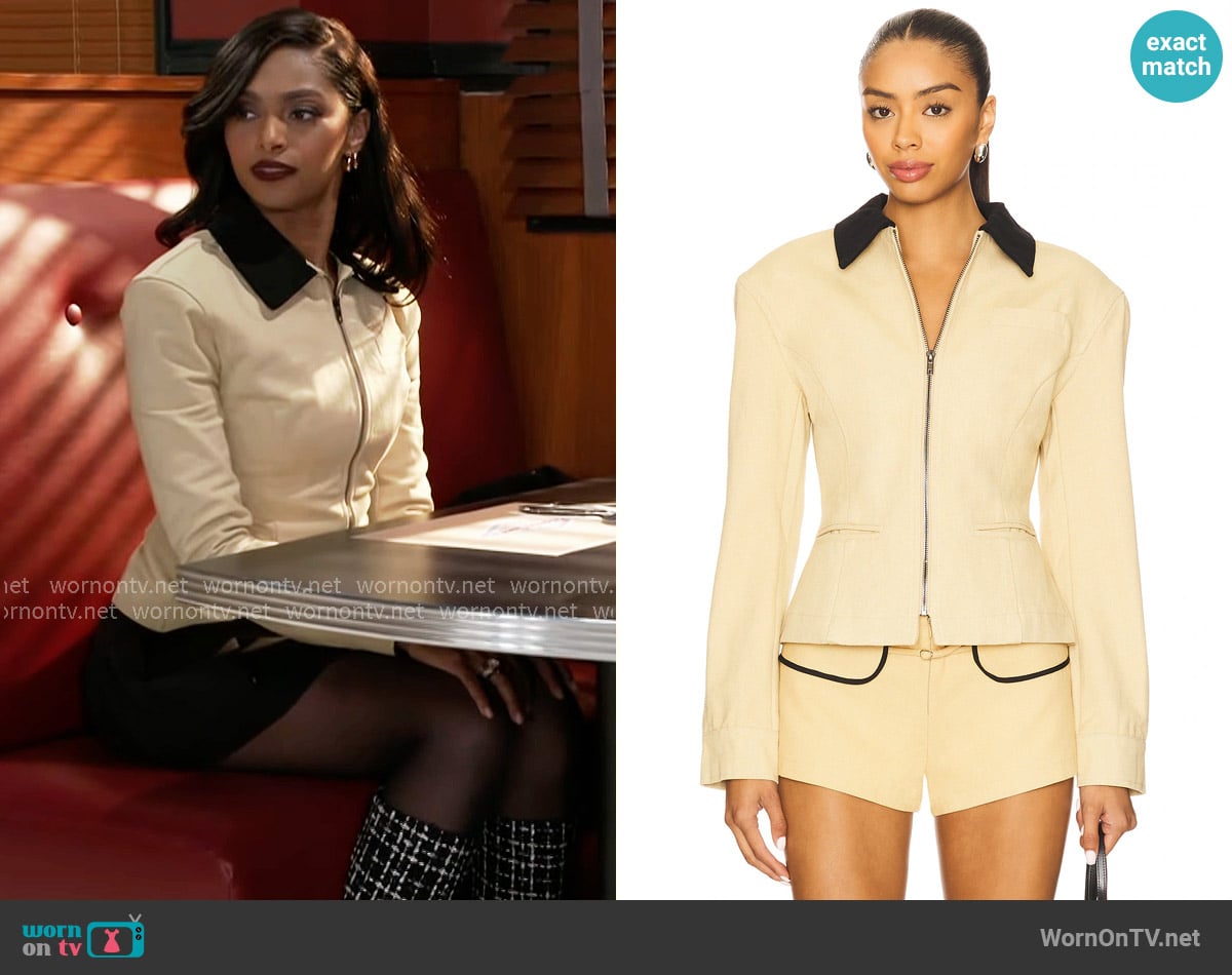 Lioness Soho Jacket in Latte worn by Kat Richardson (Colby Muhammad) on Beyond the Gates
