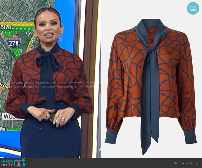 LK Bennett Lucille Rope Print Silk Tie Neck Blouse in Orange worn by Adelle Caballero on Today