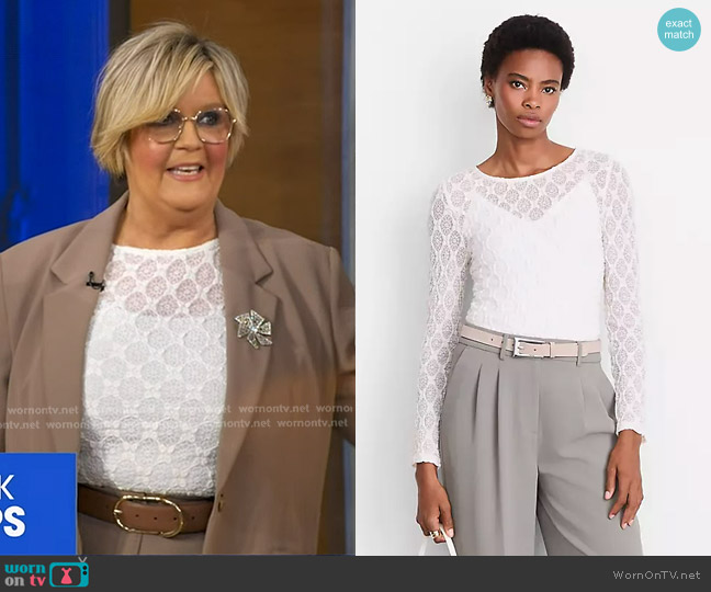 Loft Versa Geo Lace Long Sleeve Top in Whisper White worn by Lorna Patton on Good Morning America