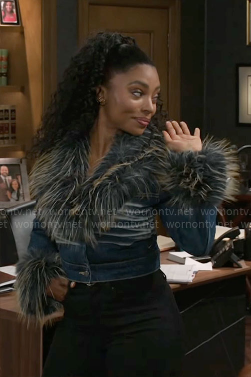 Lynette’s denim jacket with fur collar on Beyond the Gates
