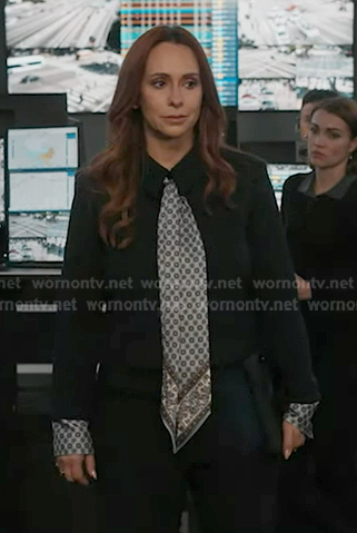 Maddie’s navy jacket with print scarf on 9-1-1
