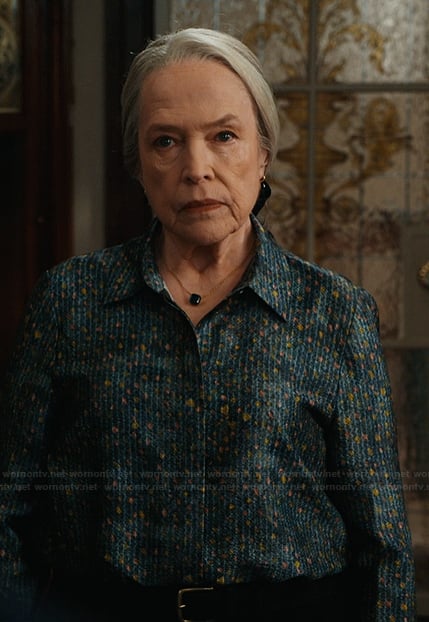 Madeline’s blue floral print satin blouse on Matlock
