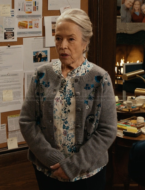 Madeline’s gray floral embroidered cardigan on Matlock