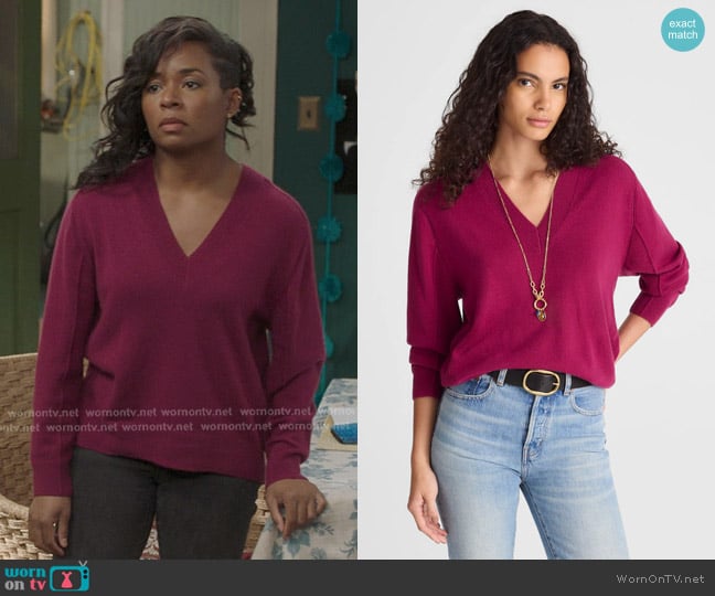 Madewell Cashmere V-Neck Sweater in autumn fuchsia worn by Simone Griffith (Alexis Floyd) on Greys Anatomy