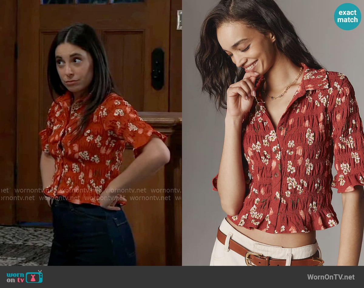 Maeve Smocked Button-Front Top in Red Floral worn by Molly Lansing-Davis (Kristen Vaganos) on General Hospital