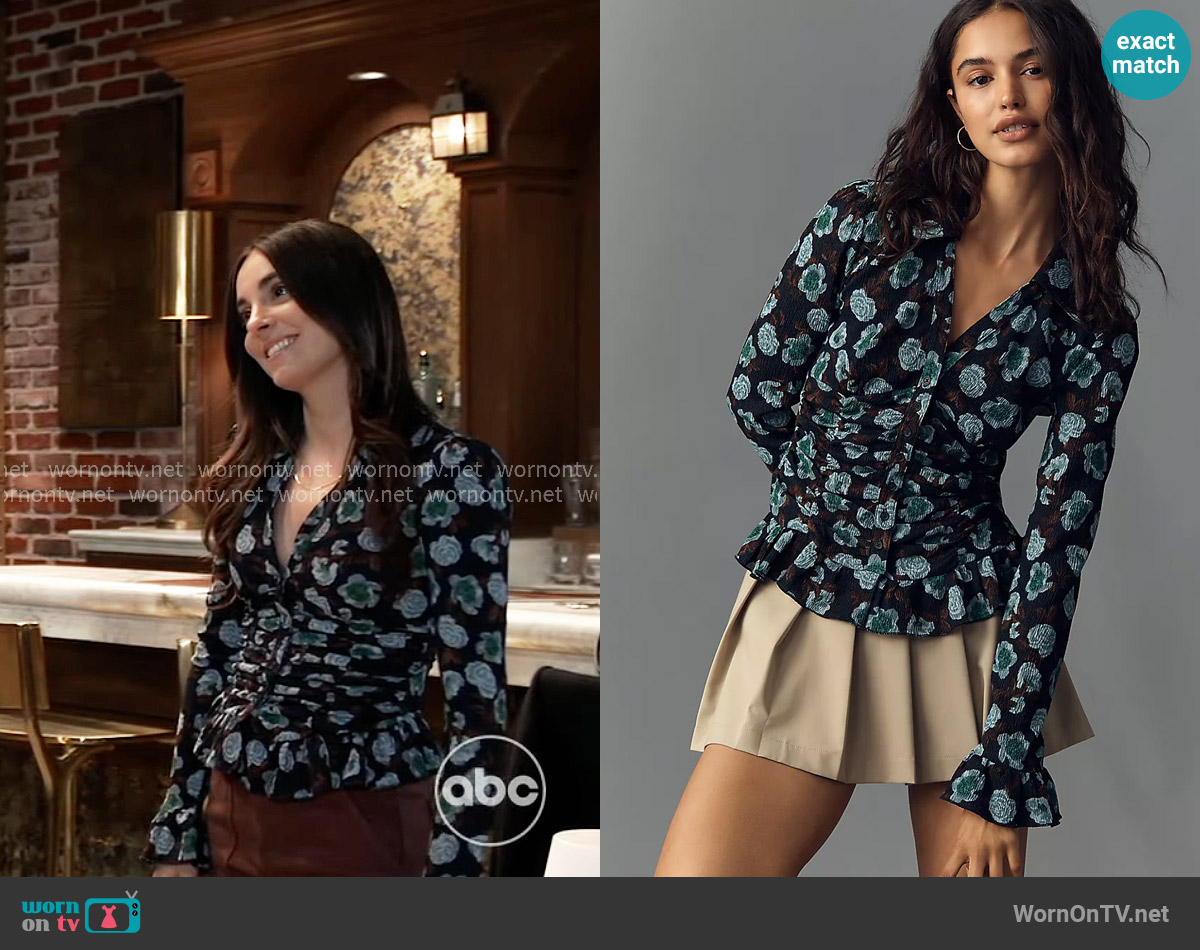 Maeve Smocked V-Neck Ruffle Top in Blue Floral worn by Molly Lansing-Davis (Kristen Vaganos) on General Hospital