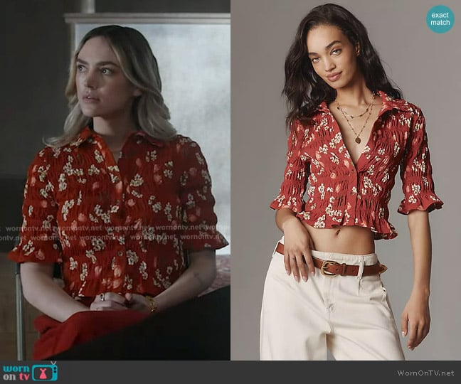 Maeve Smocked Button-Front Top in Red Floral worn by Tia (Bayley Corman) on 9-1-1