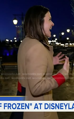 Maggie’s beige colorblock coat on Good Morning America