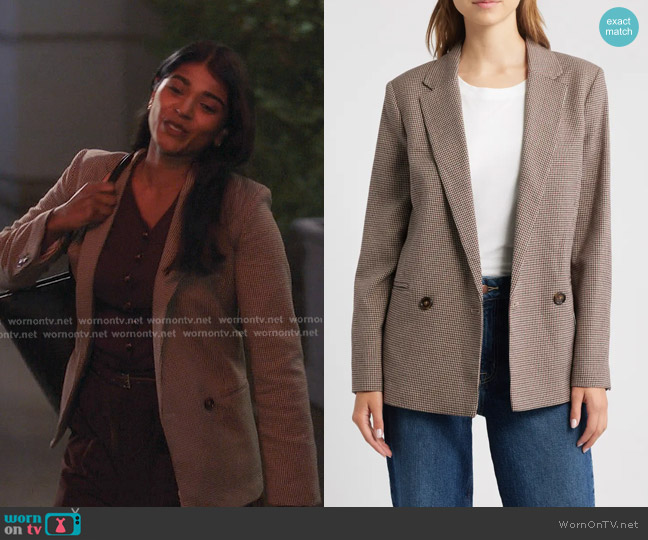 Mango Houndstooth Double Breasted Blazer in Burgundy worn by Kavita Mohanty (Anita Kalathara) on Greys Anatomy