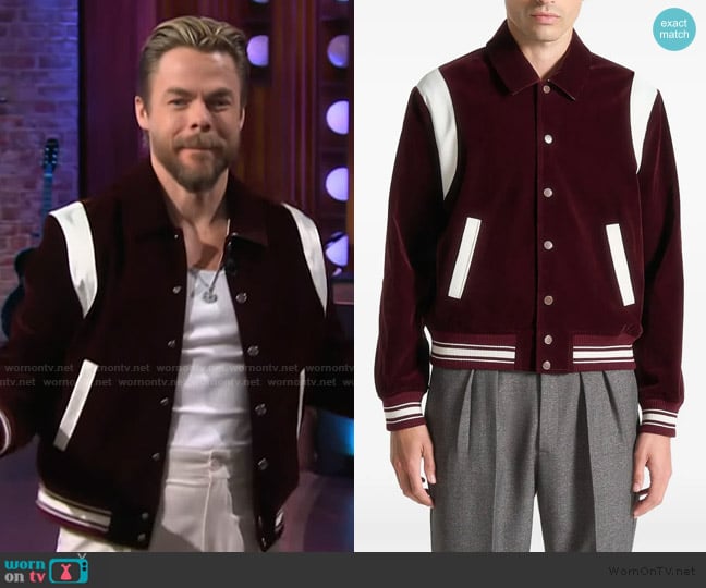 Maniere De Voir Nico satin-panel varsity jacket worn by Derek Hough on The Kelly Clarkson Show