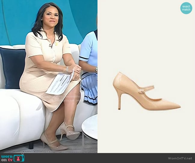 Manolo Blahnik Patent Leather Mary Jane Pumps in Nude worn by Laura Jarrett on Today