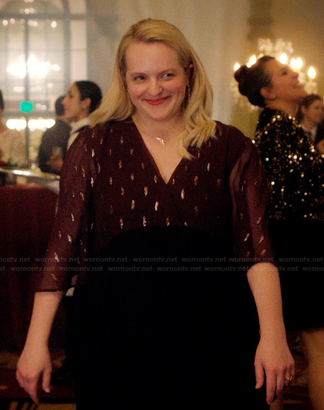 Mary’s burgundy foil detail dress on Imperfect Women