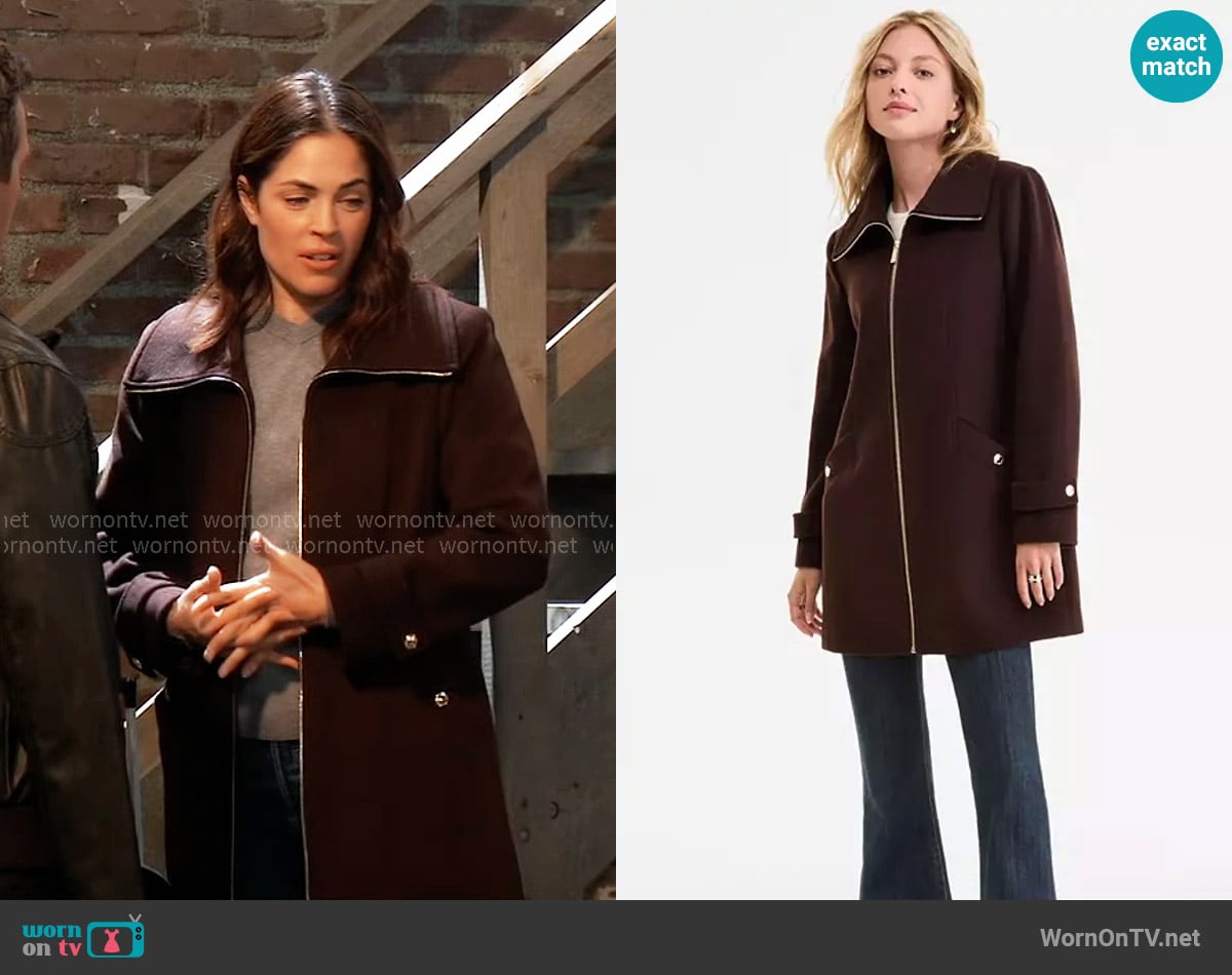 MICHAEL Michael Kors Collared Zip-Front Coat in Chocolate worn by Britt Westbourne (Kelly Thiebaud) on General Hospital
