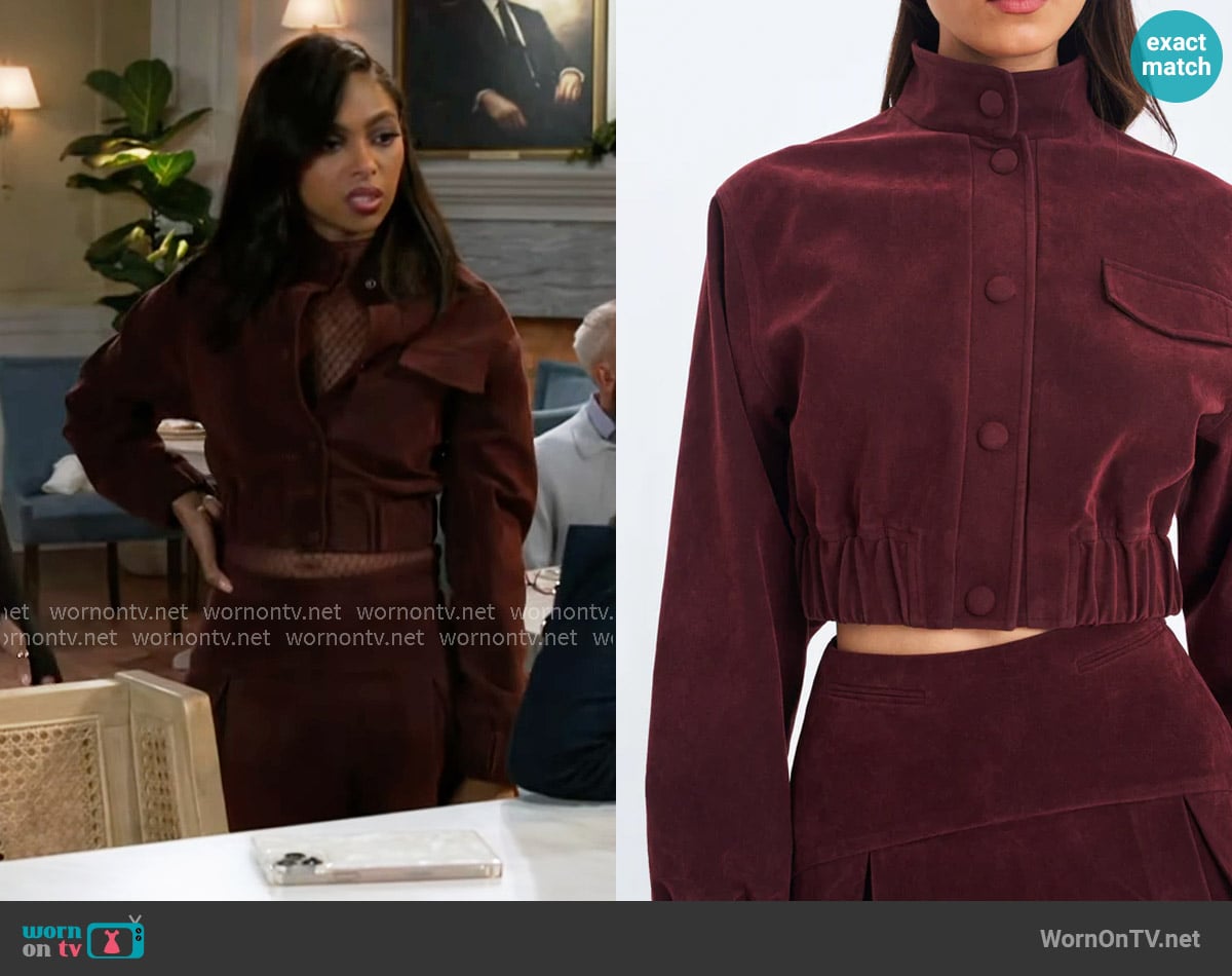 Miss Circle Farryn Mahogany Vegan Suede Cropped Bomber Jacket worn by Kat Richardson (Colby Muhammad) on Beyond the Gates