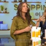 Monica Mangin's green satin utility jumpsuit on Live with Kelly and Ryan