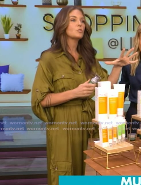 Monica Mangin’s green satin utility jumpsuit on Live with Kelly and Ryan