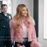 Morgan’s floral leather mini skirt and pink fur jacket on High Potential