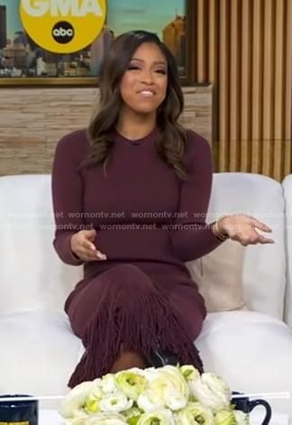 Morgan’s burgundy fringe hem knit dress on Good Morning America
