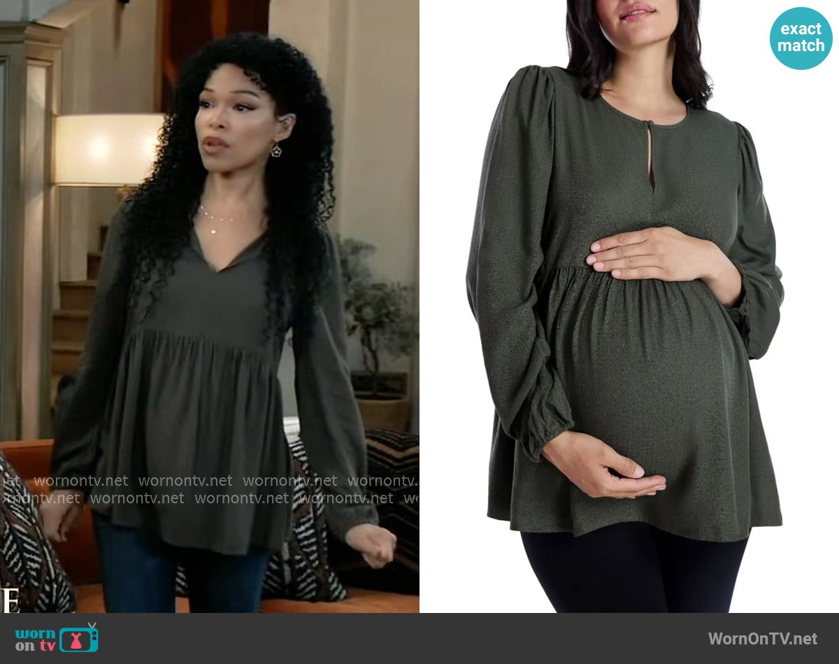 Motherhood Long Sleeve Empire Waist Keyhole Woven Blouse in Deep Depths worn by Portia Robinson (Brook Kerr) on General Hospital