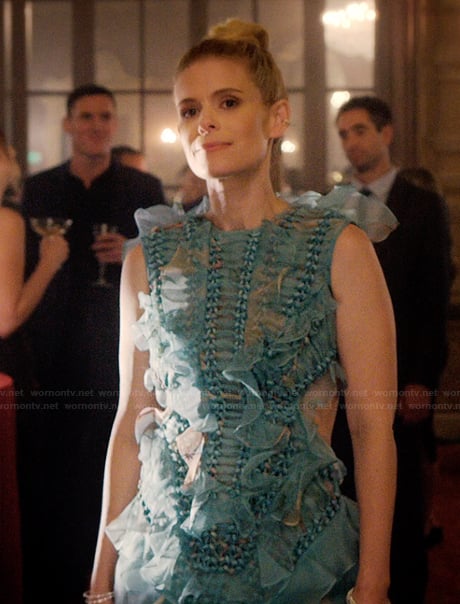 Nancy’s blue sleeveless ruffle dress on Imperfect Women