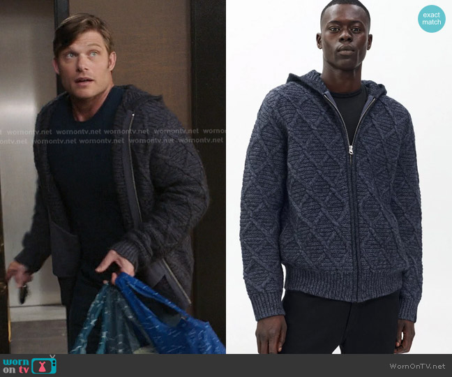 Navy by Rag & Bone Cable-Knit Full-Zip Hoodie worn by Atticus Lincoln  (Chris Carmack) on Greys Anatomy