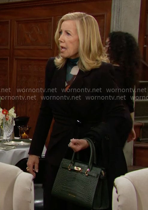 Nikki’s black suit and printed top on The Young and the Restless