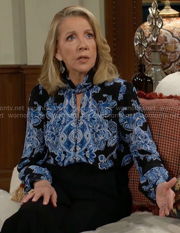 Nikki’s blue and black printed blouse on The Young and the Restless