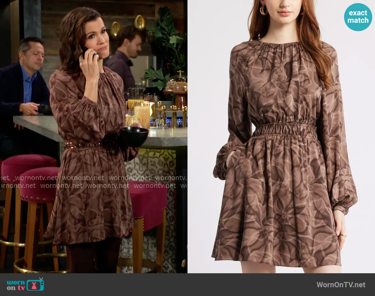 Nordstrom Shirred Waist Long Sleeve Minidress in Brown- Tan Glowing Leaves worn by Chelsea Lawson (Melissa Claire Egan) on The Young and the Restless