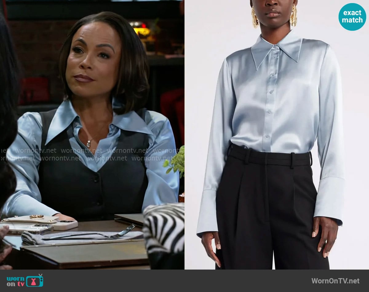 Nordstrom x Harlem's Fashion Row Megan Renee Silk Button-Up Shirt worn by Nicole Dupree Richardson (Daphnee Duplaix) on Beyond the Gates