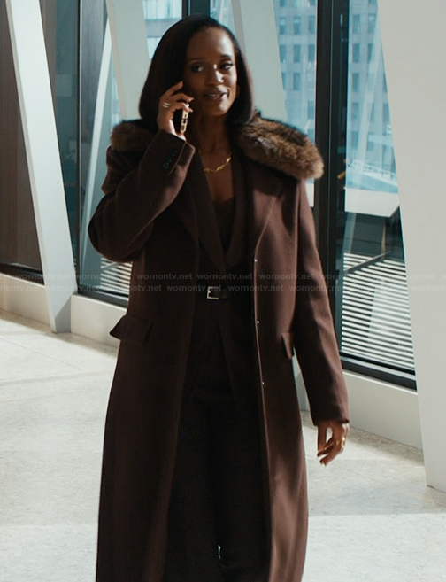 Olympia’s brown shearling collar coat on Matlock
