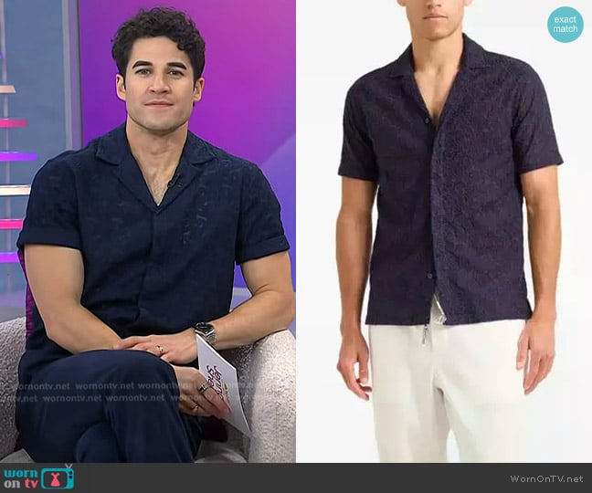 Orlebar Brown Maitan Broderie Shirt in Night Iris worn by Darren Criss on Today