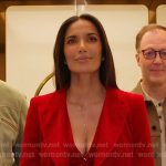 Padma’s red velvet vest, blazer and pants on Americas Culinary Cup