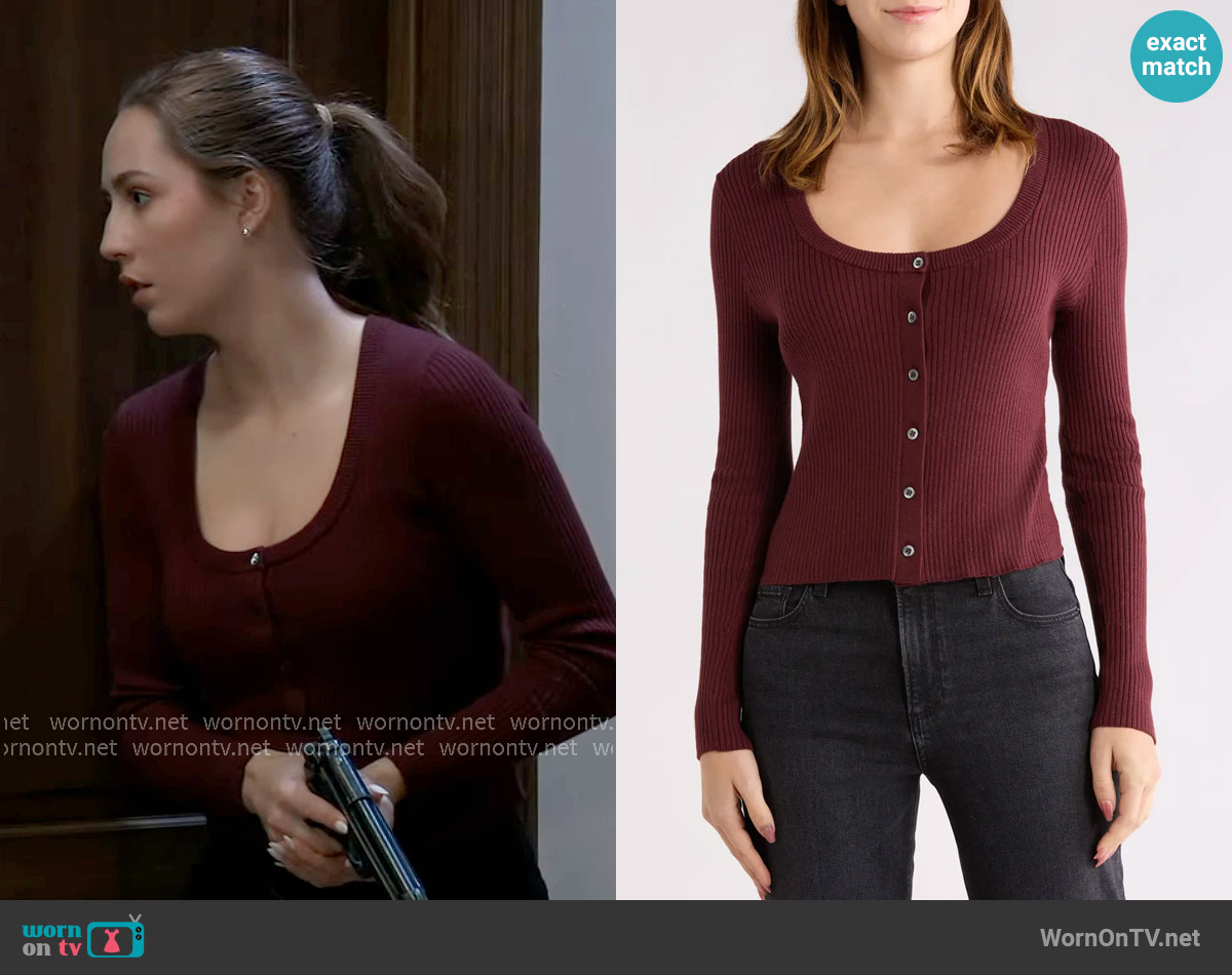 Paige Lima Cardigan in Oxblood worn by Josslyn Jacks (Eden McCoy) on General Hospital