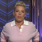 Pink’s pink contrast polo sweater on The Kelly Clarkson Show