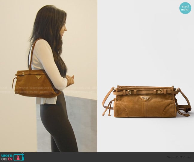 Prada Suede Triangle Medium Bonnie Shoulder Bag Cacao worn by Layla Taylor on The Secret Lives of Mormon Wives