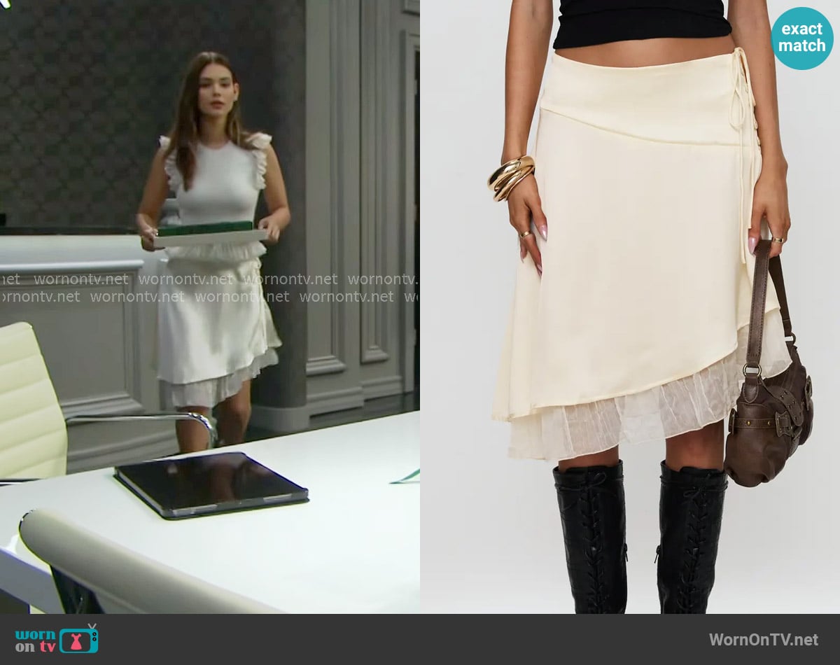 Princess Polly Rosemead Satin Midi Skirt Cream worn by Electra Forrester (Laneya Grace) on The Bold and the Beautiful