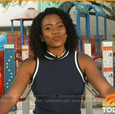 Priscilla Thompson’s navy contrast trim sleeveless top on Today