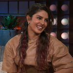 Priyanka Chopra’s brown leather grommet dress on The Kelly Clarkson Show
