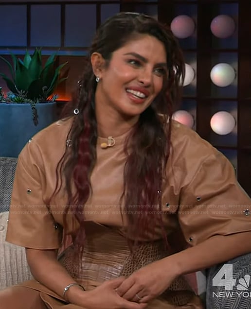 Priyanka Chopra’s brown leather grommet dress on The Kelly Clarkson Show